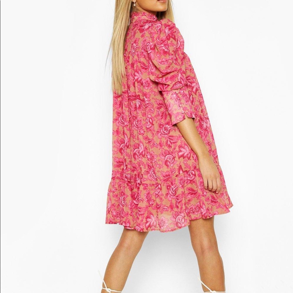PRINTED PUFF SLEEVE RUFFLE NECK SMOCK DRESS - Picture 2 of 3
